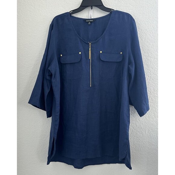 Ellen Tracy Tunic Top Womens 2X Blue Linen Zip Front 3/4 Sleeve Utility Office - Picture 1 of 13